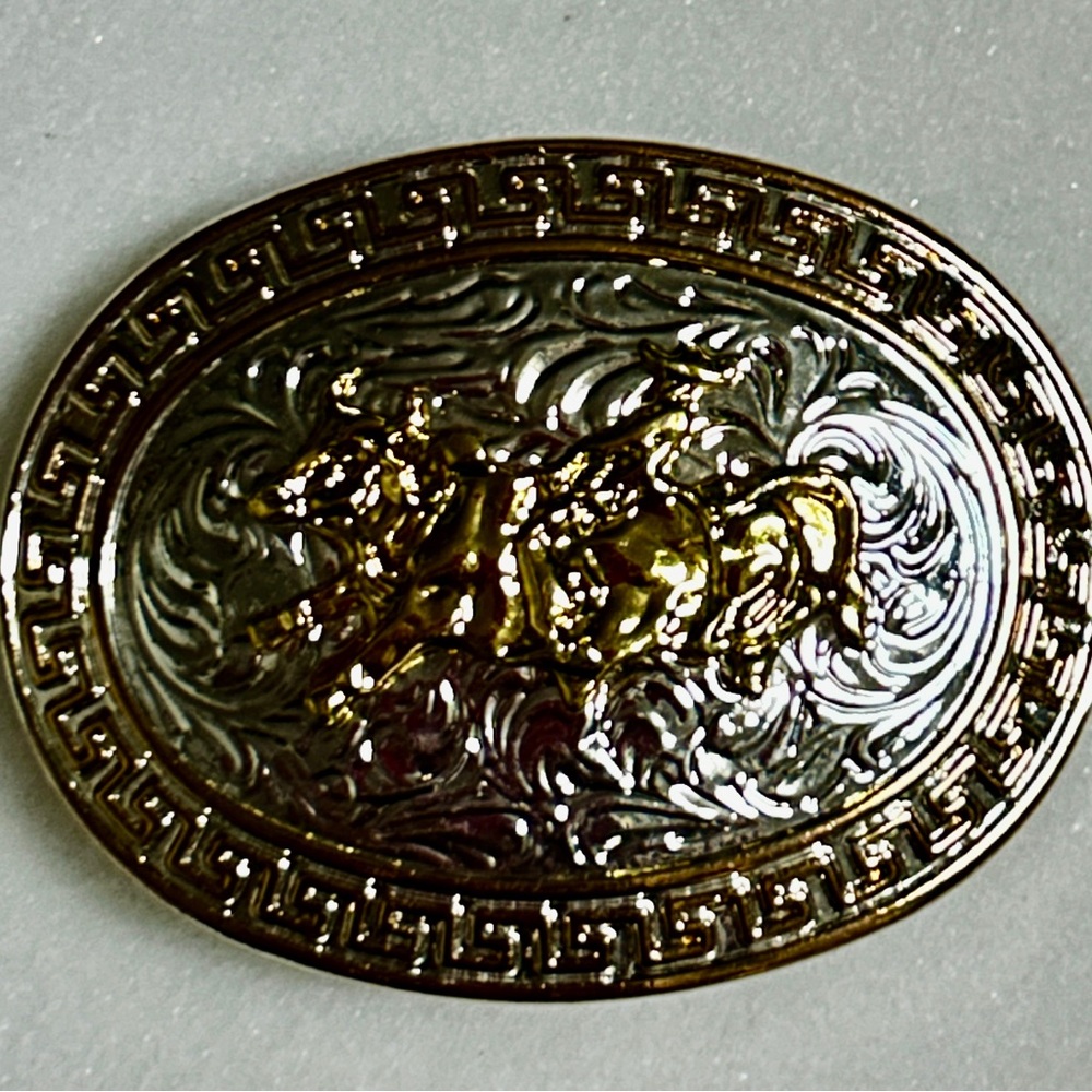 Crumrine ~Vintage ~ Heavy Silver Plated W/ Gold Trim ~ Bull Rider ~ Belt Buckle